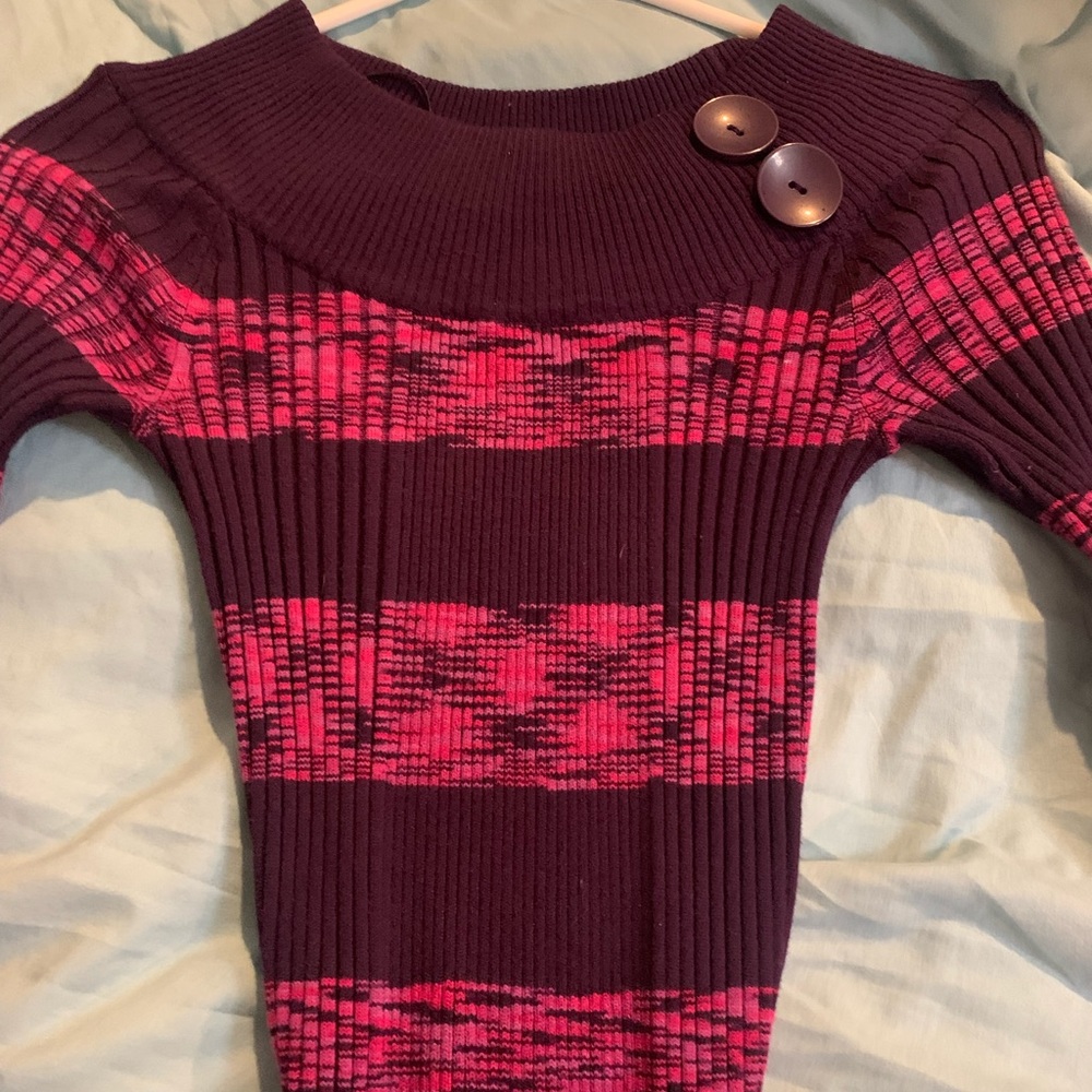Purple & pink stretch knit dress. Form fitting